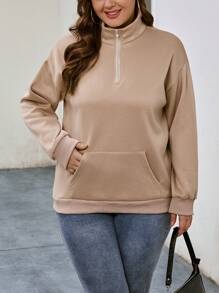 SHEIN LUNE Hơn Túi kangaroo Một nửa khóa kéo Thả vai Áo nỉ - Màu Khaki - Xem 1