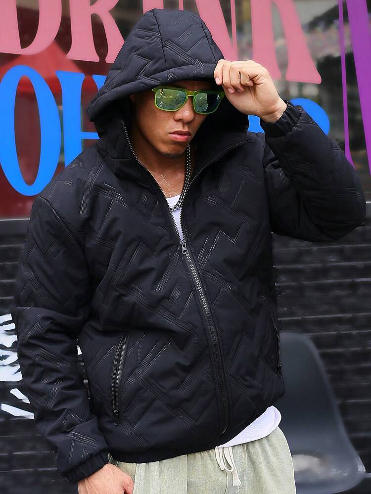 Loose Fit Men's Hooded Padded Coat With Zipper