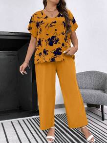 SHEIN LUNE Talla grande Top con estampado floral de manga murciélago & Pantalones de cintura con cordón - Amarillo Mostaza - Ver 4