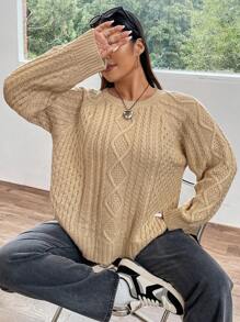 Flirla Plus Cable Knit Raglan Sleeve Sweater - Apricot - View 1