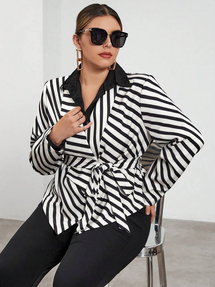 Plus Striped Print Belted Blazer