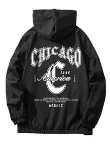 Manfinity EMRG 寬鬆男士標語圖形抽繩連帽衛衣外套 - 黑色 - 查看 1