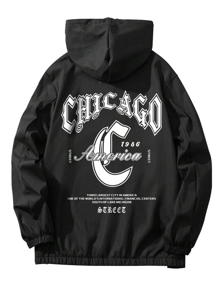 Manfinity EMRG 寬鬆男士標語圖形抽繩連帽衛衣外套 - 黑色 - 查看 1