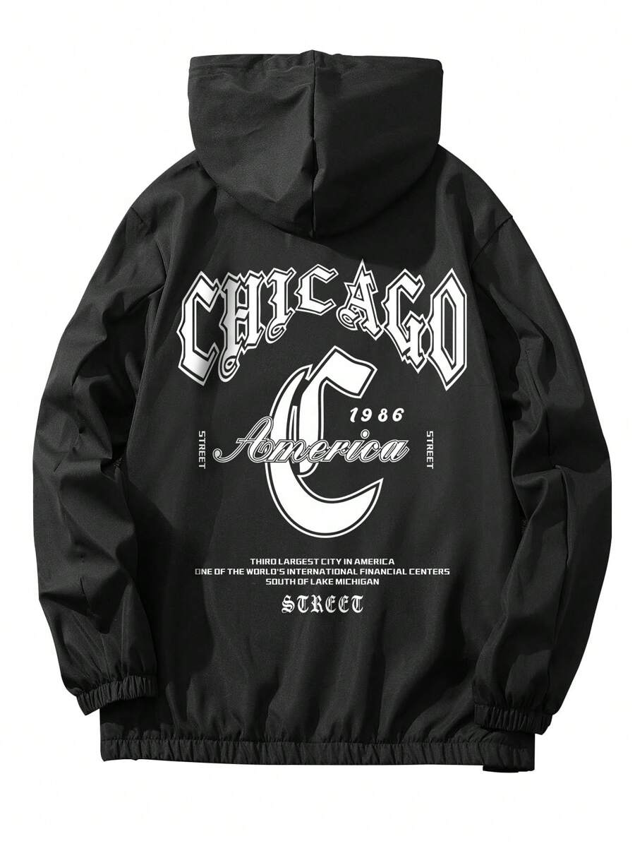 Manfinity EMRG 寬鬆男士標語圖形抽繩連帽衛衣外套 - 黑色 - 查看 1