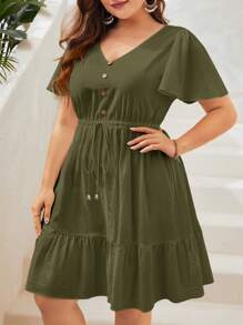 SHEIN VCAY Plus Butterfly Sleeve Ruffle Hem Knot Front Dress - Army Green - View 3