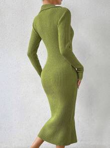 Chiquease Ladies áo len váy Gân đan Nút phía trước màu trơn Thanh lịch - màu xanh lá - Xem 2