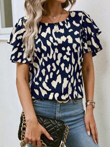EMERY ROSE Allover Print Butterfly Sleeve Blouse,Short Sleeve Tops - Navy Blue - View 6