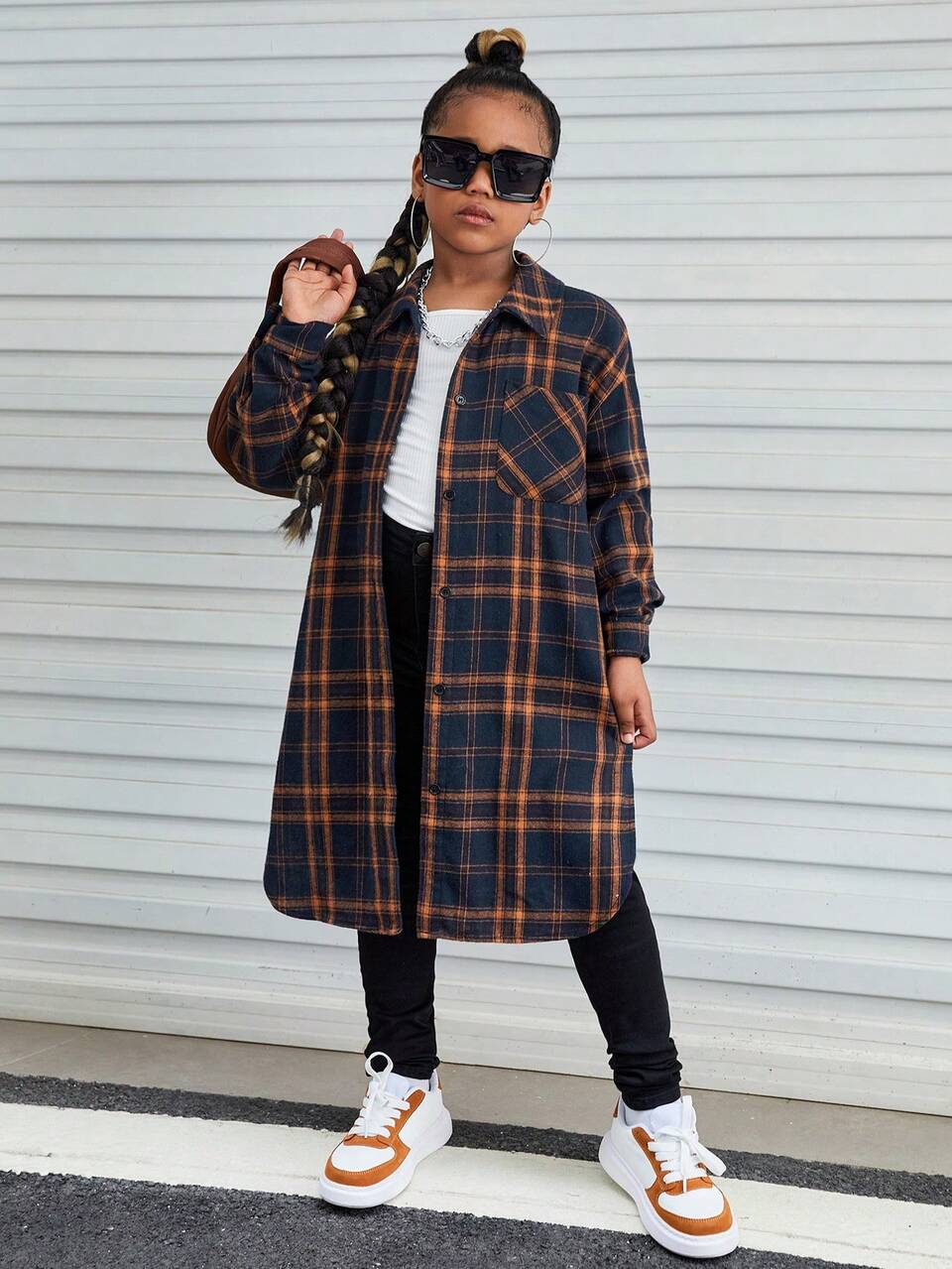 Tween Girl Plaid & Slogan Graphic Drop Shoulder Shirt
