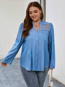 SHEIN LUNE Plus Guipure Lace Insert Blouse - Blue - View 4