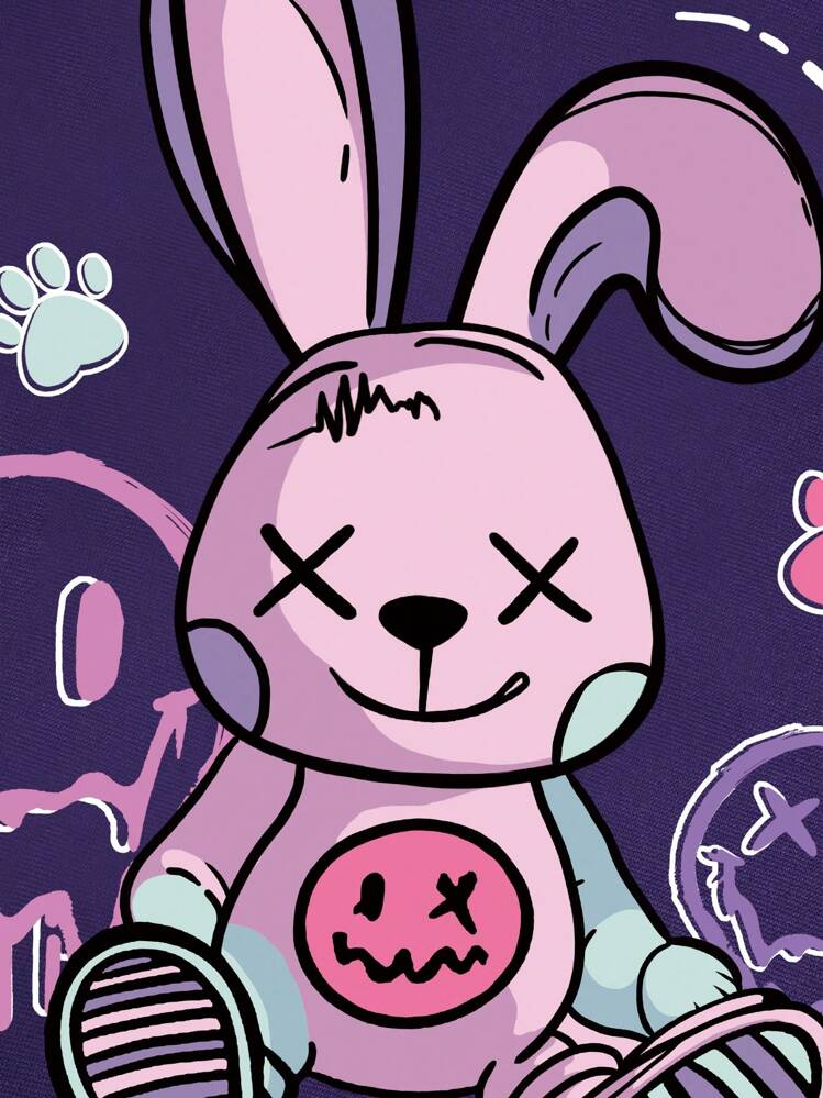 INAWLY Rabbit & Letter Graphic Kangaroo Pocket Drawstring Thermal Hoodie,Long Sleeve Tops - Purple - View 5