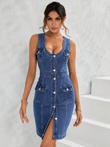 SHEIN LUNE Flap Pocket Button Through Denim Dress - Medium Wash - View 3