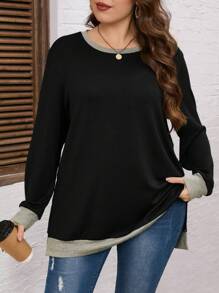 SHEIN LUNE Plus Contrast Trim Split Hem Sweatshirt - Black - View 1