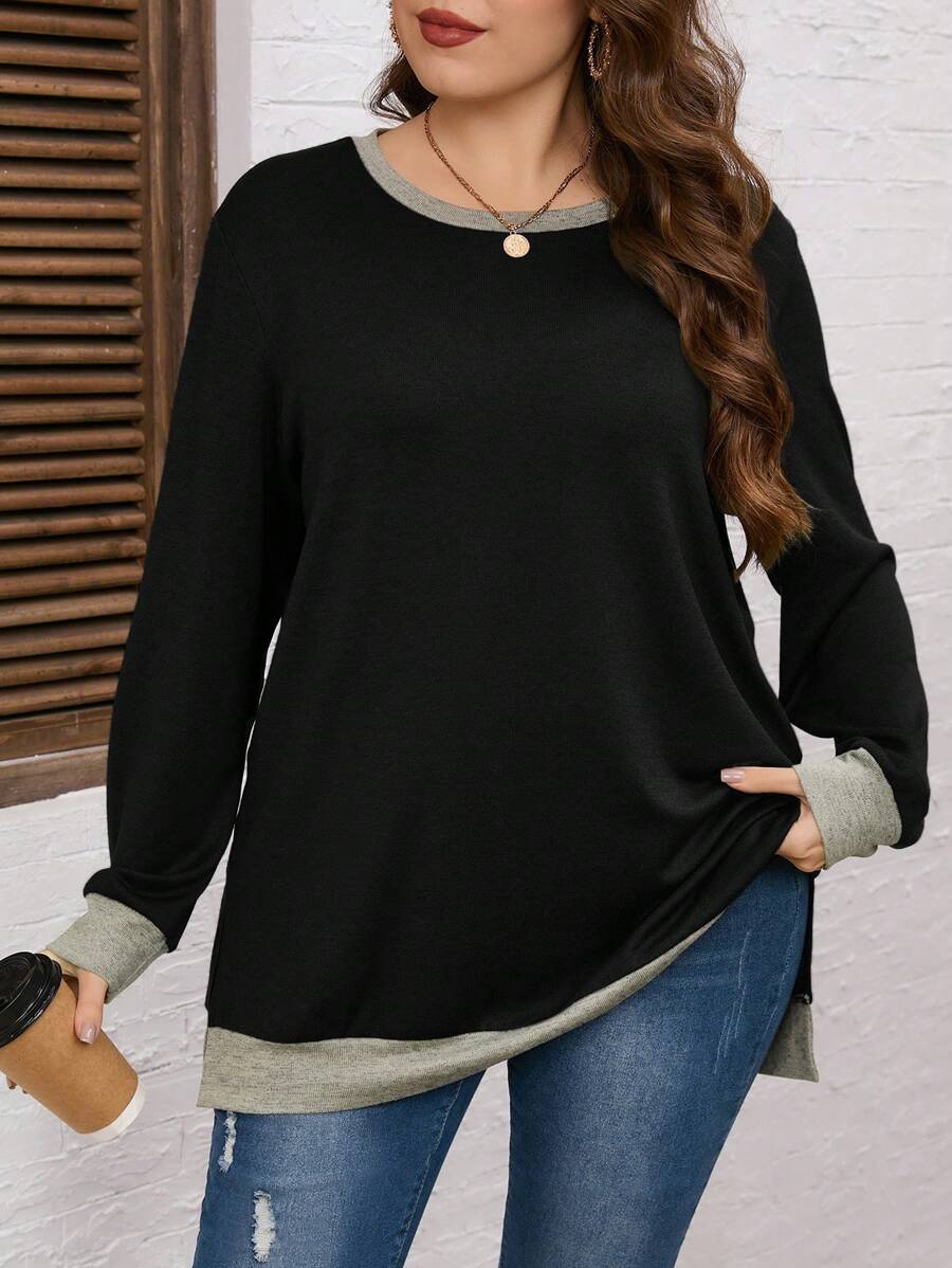 SHEIN LUNE Plus Contrast Trim Split Hem Sweatshirt - Black - View 1
