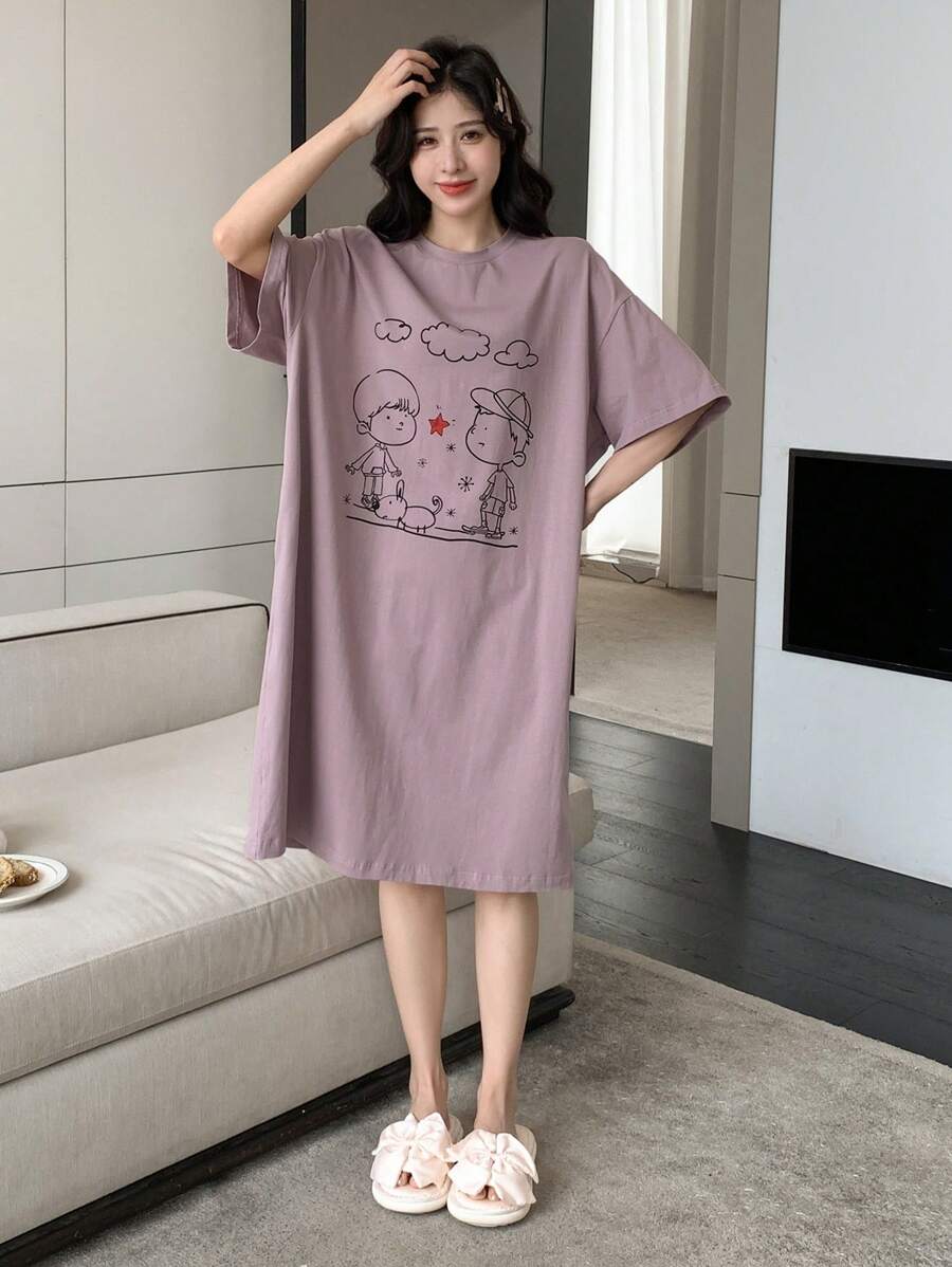 DAZY 卡通圖案落肩袖大碼休閒服洋裝 - 粉色 - 查看 1