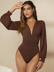 BizChic Body de cuello profundo de manga farol fruncido - Marrón Chocolate - Ver 4