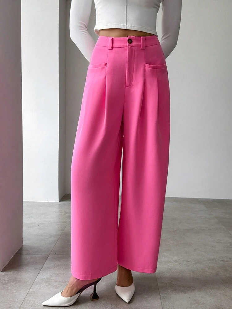 Plicated Detail Wide Leg Suit Pants
