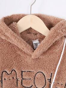 SHEIN Young Girl Letter Embroidery Teddy Hooded Sweatshirt Dress With Bag - Apricot - View 3