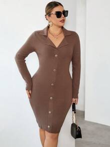 SHEIN Privé Plus Button Front Bodycon Sweater Dress - Camel - View 4