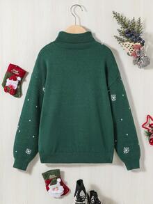 SHEIN 女大童聖誕圖案高領落肩毛衣 - 墨綠色 - 查看 2