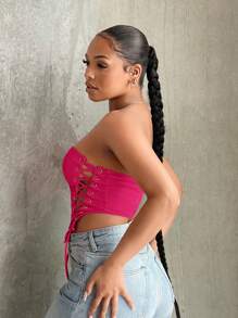 SHEIN SXY Lace Up Front Bandana Hem Tube Top - Hot Pink - View 3