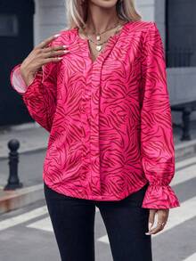 SHEIN LUNE 滿版印花荷葉袖襯衫 - 玫紅色 - 查看 5