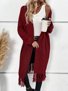 SHEIN Essnce Fringe Hem Drop Shoulder Duster Cardigan - Burgundy - View 5