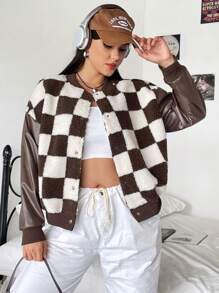 SHEIN EZwear Plus Checkerboard Print Drop Shoulder Bomber Jacket - Brown - View 6