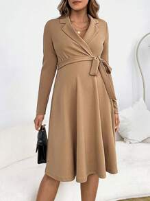 SHEIN Thai sản Cổ áo Nút ven Đầm - Màu Khaki - Xem 1