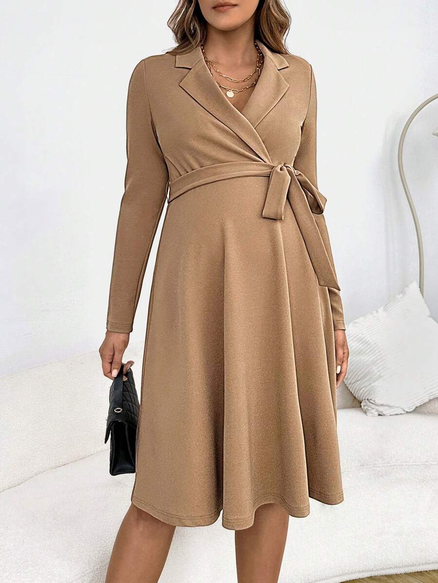 SHEIN Thai sản Cổ áo Nút ven Đầm - Màu Khaki - Xem 1