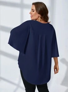 SHEIN Clasi Talla grande Blusa unicolor de cuello V de manga mariposa - Azul Marino - Ver 2