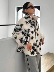 DAZY Floral Print Drop Shoulder Teddy Jacket,Fall Women Clothes
