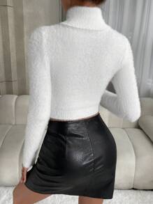 SHEIN Unity Turtleneck Fluffy Knit Crop Knit Pullover Fall Winter Sweater - White - View 2