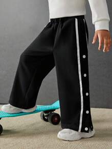 SHEIN Chàng trai trẻ Băng tương phản Bên cạnh nút quần ống rộng Quần thể thao - màu đen - Xem 1