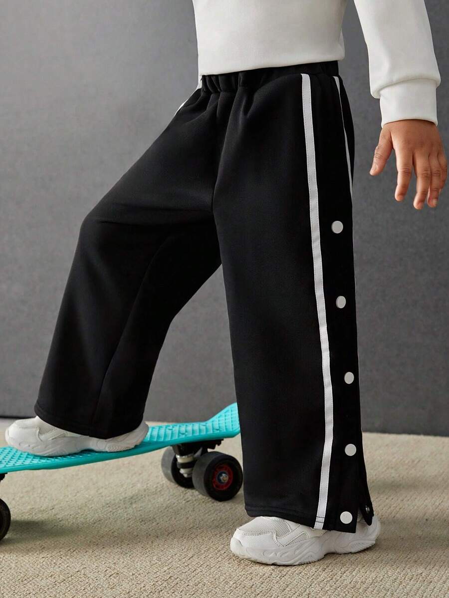 SHEIN Chàng trai trẻ Băng tương phản Bên cạnh nút quần ống rộng Quần thể thao - màu đen - Xem 1