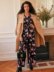 SHEIN Frenchy Floral Print Lantern Sleeve Belted Jumpsuit