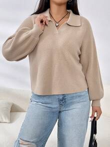 SHEIN EZwear 大碼素色V領套頭毛衣 - 駝色 - 查看 5