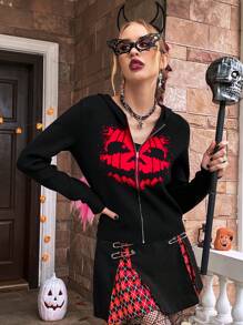 SHEIN Unity Halloween Pumpkin Pattern Zip Up Hooded Cardigan Fall Cloth For Women - Black - View 3
