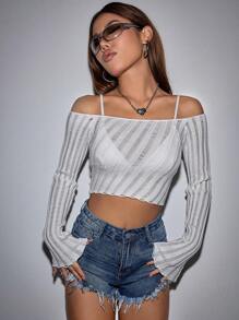 SHEIN Unity Off Shoulder Lettuce Trim Crop Sweater Without Bra Knit Pullover Fall Winter Outfit