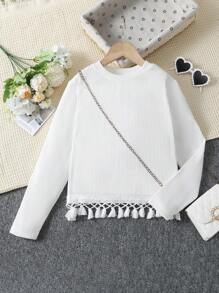 SHEIN Chica preadolescente Camiseta ribete con fleco tejido de canalé