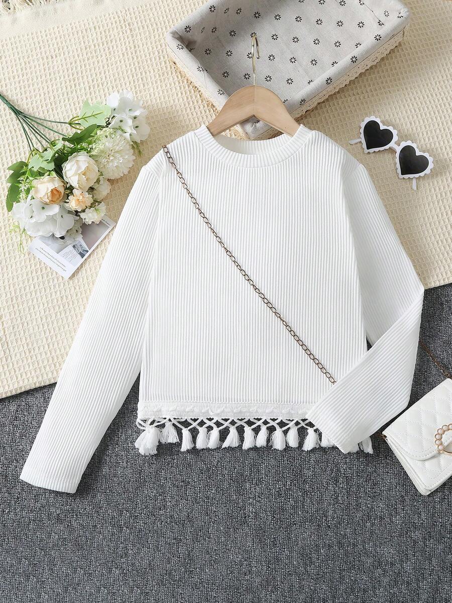 SHEIN Chica preadolescente Camiseta ribete con fleco tejido de canalé