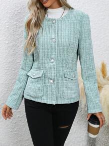 SHEIN Clasi 翻蓋細節前排扣花呢外套 - 綠色 - 查看 5