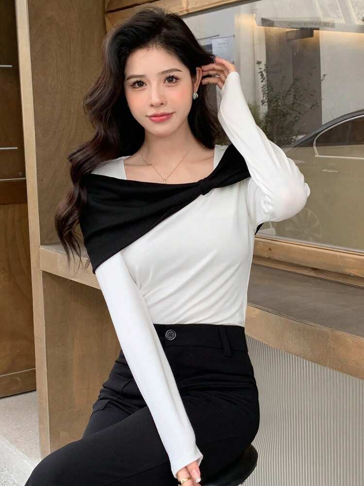 Colorblock Twist Front Tee Long Sleeve Women Tops