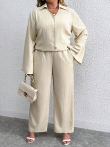 Calvaya 大碼喇叭袖襯衫&闊腿褲 - 杏色 - 查看 4