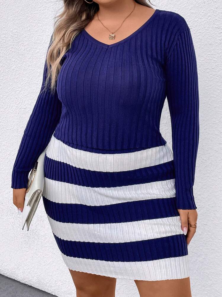 Plus Striped Pattern Sweater & Knit Skirt Fall Cloth For Women