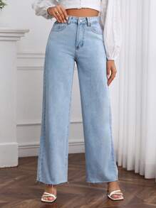 SHEIN Frenchy 水洗闊腿牛仔褲 - 淺色水洗藍 - 查看 1