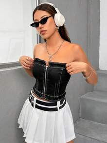 SHEIN EZwear Khâu trên cùng Dây kéo Ống Tops Denim - Rửa tối - Xem 2