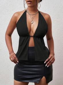 SHEIN SXY 後背繫帶下擺開叉掛脖上衣 - 黑色 - 查看 5