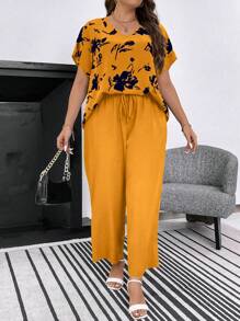 SHEIN LUNE Talla grande Top con estampado floral de manga murciélago & Pantalones de cintura con cordón - Amarillo Mostaza - Ver 5