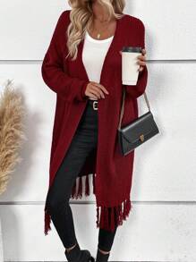 SHEIN Essnce Fringe Hem Drop Shoulder Duster Cardigan - Burgundy - View 6