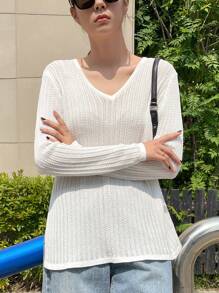 DAZY Solid V Neck Ribbed Knit Sweater Fall - White - View 3